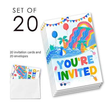 EUDOSI Water Slide Birthday Splash Party Invitations Supplies Fill-In Set of 20 with Envelopes Pool ...