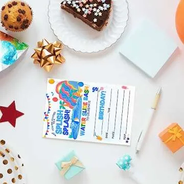 EUDOSI Water Slide Birthday Splash Party Invitations Supplies Fill-In Set of 20 with Envelopes Pool Party Birthday Invites Cards, Double Sided