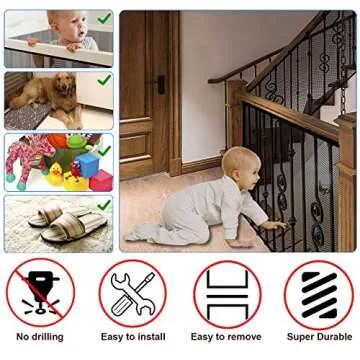 JIFTOK Baby Gate for Stairs, Banister Guard for Kids, Pets, Toys, 18 ft L x 2.66 ft H, Mesh Netting Safety Net for Balcony Rail Stair, Stairway Net Baby Safety Products for Indoor & Outdoor (Black)