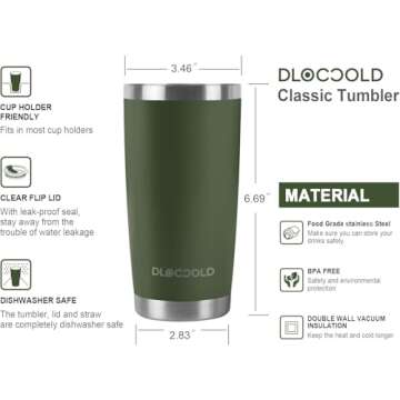 DLOCCOLD 20 oz Tumbler with Lid and Straw, 18/8 Stainless Steel Vacuum Insulated CoffeeTumbler,Insulated Travel Mug Water Cup with Leak-Proof Flip Lid,Metal Straw,Cleaning Brush & Gift Box