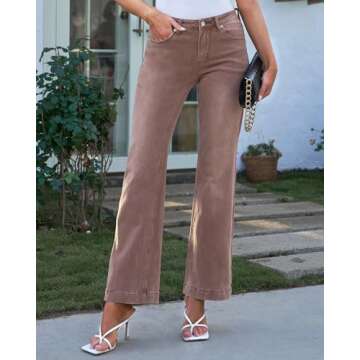 GRAPENT Womens Plus Size Stretch High Waisted Flare Ripped Jeans - 70s Outfits, Size 12-14 Wide Leg Pants