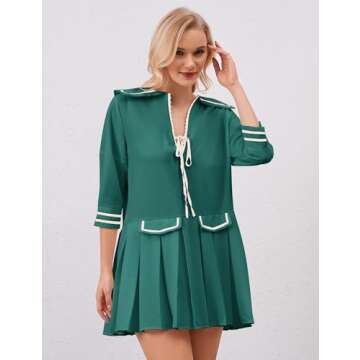 ICOBID Women Cute Bow Tie Up Open Front Mini Dress Lapel Contrast Binding 3/4 Sleeve Mini Dress Pleated A line Dresses Green