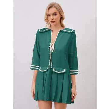ICOBID Women Cute Bow Tie Up Open Front Mini Dress Lapel Contrast Binding 3/4 Sleeve Mini Dress Pleated A line Dresses Green