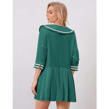 ICOBID Women Cute Bow Tie Up Open Front Mini Dress Lapel Contrast Binding 3/4 Sleeve Mini Dress Pleated A line Dresses Green