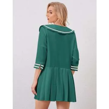 ICOBID Women Cute Bow Tie Up Open Front Mini Dress Lapel Contrast Binding 3/4 Sleeve Mini Dress Pleated A line Dresses Green