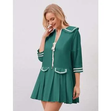 ICOBID Women Cute Bow Tie Up Open Front Mini Dress Lapel Contrast Binding 3/4 Sleeve Mini Dress Pleated A line Dresses Green