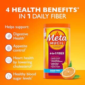 Metamucil 4 in 1 Daily Fiber Supplement Powder, Fiber Powder for Digestive Health and Regularity*, Sugar-Free, Orange, Naturally Sourced Psyllium Fiber, 180 teaspoons