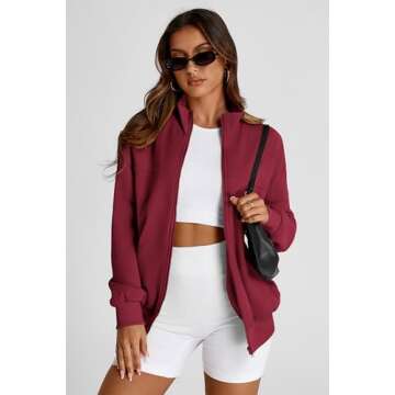 PRETTYGARDEN Women's 2025 Spring Fall Fashion Full Zip Up Sweatshirt Long Sleeve Loose Fit Trendy Casual Jacket with Pockets (Wine Red,Large)