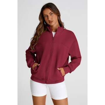 PRETTYGARDEN Women's 2025 Spring Fall Fashion Full Zip Up Sweatshirt Long Sleeve Loose Fit Trendy Casual Jacket with Pockets (Wine Red,Large)