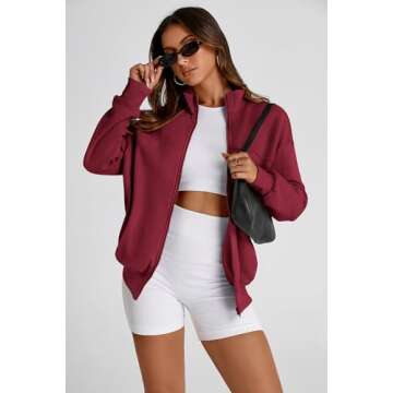 PRETTYGARDEN Women's 2025 Spring Fall Fashion Full Zip Up Sweatshirt Long Sleeve Loose Fit Trendy Casual Jacket with Pockets (Wine Red,Large)