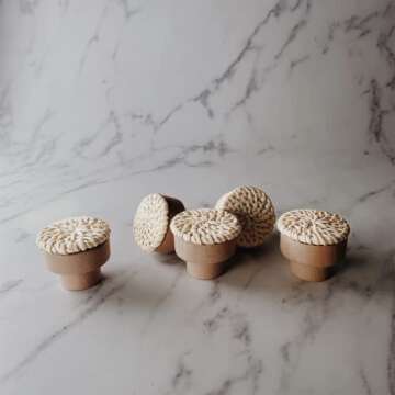 BOHOIFY 6pc Boho Rattan Knobs for Dresser, Drawers, Cabinet; Handmade Boho Wicker Woven Decorative P...
