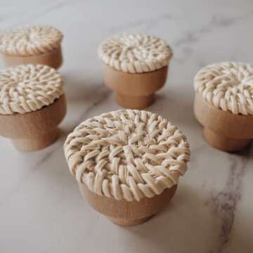 BOHOIFY 6pc Boho Rattan Knobs for Dresser, Drawers, Cabinet; Handmade Boho Wicker Woven Decorative Pulls Handles Home Decor Boho Wood Furniture (Ivory)