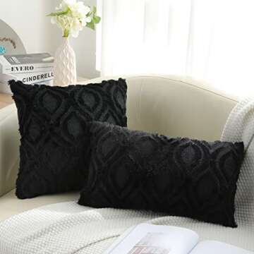 decorUhome Throw Pillow Covers 18x18 Inch Set of 2, Soft Plush Faux Wool Black Couch Pillow Covers, ...
