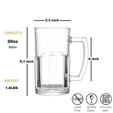 COKTIK 4 Pack Heavy Beer Glasses with Handle - 20 oz