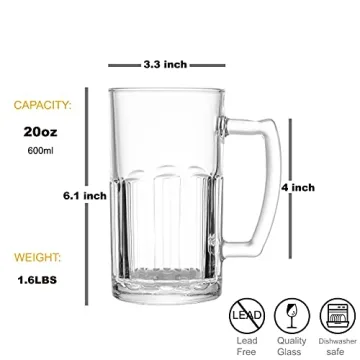 COKTIK 4 Pack Heavy Beer Glasses with Handle - 20 oz