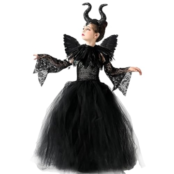 MAXHJX Halloween Maleficent Costume for Girls: Evil Queen Dress Up Costumes Witch Devil Handmade Kni...