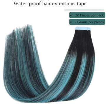 Rinboool Tape in Hair Extensions, Real Natural Remy Human Hair, Seamless Straight Pu Skin Weft, 14 Inch 40 Gram 20 Pieces, Balayage Black Rooted to Teal Green Highlights Black