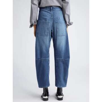 PLNOTME Womens Baggy Barrel Horseshoe Jeans High Waisted Wide Leg Vintage Denim Pants with Front Pockets Blue