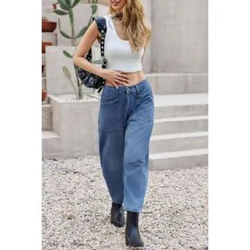 PLNOTME Womens Baggy Barrel Horseshoe Jeans High Waisted Wide Leg Vintage Denim Pants with Front Pockets Blue