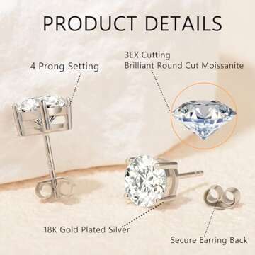 Impalsory Moissanite Stud Earrings, 2ct 6.5mm DF Color Brilliant Round Cut Lab Created Moissanite Ea...