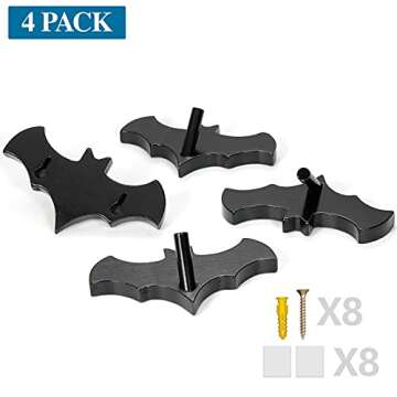 Bat Wall Hooks(Set of 4), Bat Key Holders, Multifunctional Hooks for Mugs, Purse, Towel, Clothes, Gothic Decor for Kitchen Bathroom Living Room or Bedroom-Blac-Wood
