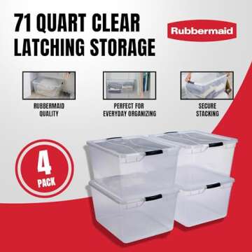 Rubbermaid Cleverstore 74 Quart Latching Plastic Storage Containers with Lids for Office and Home Organization, Clear (4 Pack)