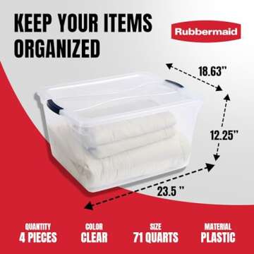 Rubbermaid Cleverstore 74 Quart Latching Plastic Storage Containers with Lids for Office and Home Organization, Clear (4 Pack)