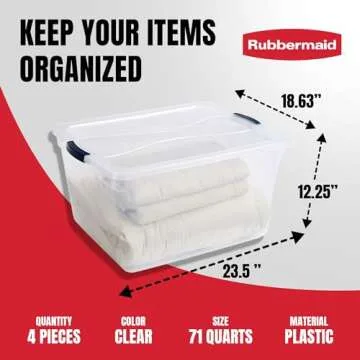 Rubbermaid Cleverstore 74 Quart Latching Plastic Storage Containers with Lids for Office and Home Organization, Clear (4 Pack)