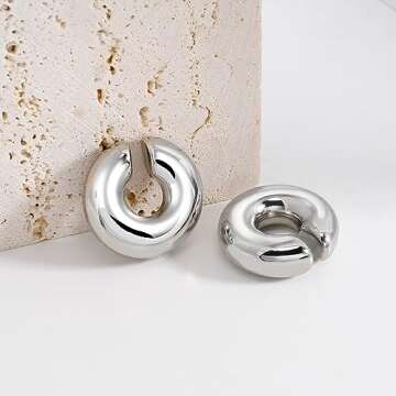 Chunky Silver Ear Cuffs Earrings For Women Non Piercing Silver Cuff Clip On Cartilage Hoop Earring Hollow Lightweight Earrings Trendy Non-tarnish 1 Pairs