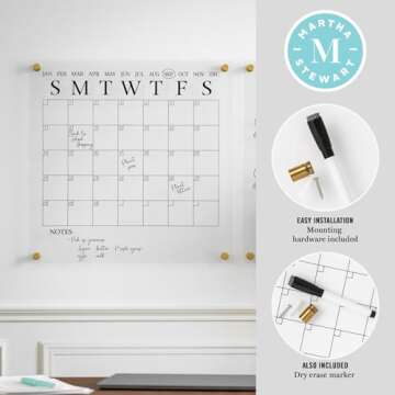 Martha Stewart Grayson Acrylic Wall Calendar and Notes Board with Dry Erase Marker, Clear with Black Print, Set of 2