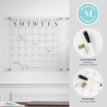 Martha Stewart Grayson Acrylic Wall Calendar and Notes Board with Dry Erase Marker, Clear with Black Print, Set of 2