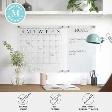Martha Stewart Grayson Acrylic Wall Calendar and Notes Board with Dry Erase Marker, Clear with Black Print, Set of 2
