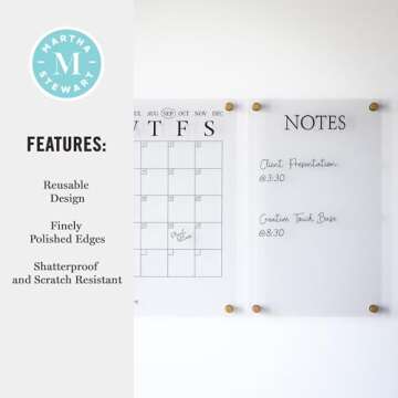 Martha Stewart Grayson Acrylic Wall Calendar and Notes Board with Dry Erase Marker, Clear with Black Print, Set of 2
