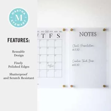 Martha Stewart Grayson Acrylic Wall Calendar and Notes Board with Dry Erase Marker, Clear with Black Print, Set of 2