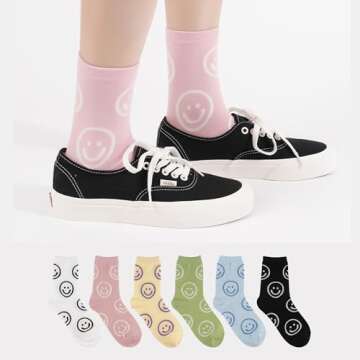 kikiya socks Women Cute Crew | 6 Pairs Smiley Face Print Happy Smile Pattern with Pastel Color Polka...