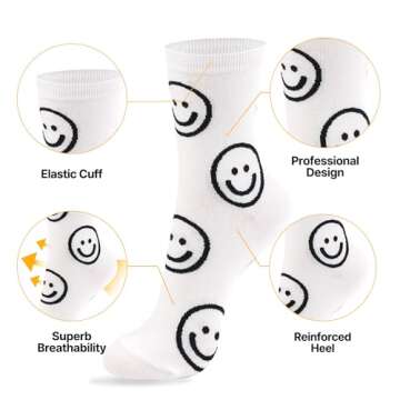 kikiya socks Women Cute Crew | 6 Pairs Smiley Face Print Happy Smile Pattern with Pastel Color Polka Dots Preppy Pink Design Daily Trouser Boot Cotton Socks | Womens Ladies Girls Gift | Big Smile C