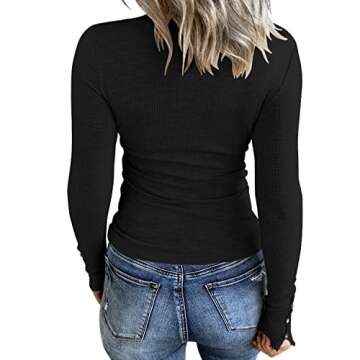KINLONSAIR Women’s Long Sleeve Henley T Shirts Button Down Slim Fit Tops Scoop Neck Ribbed Knit Shirts Black