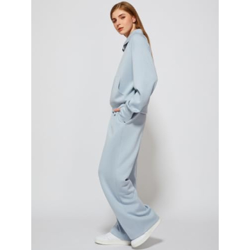 Casly Lamiit Women Two Piece Set 2025 Fall Winter Outfits Oversized Half Zip Sweatshirt Wide Leg Sweatpant Lounge Matching Set Athletic Fashion Travel Clothes Set Sweatsuit Light Blue XL