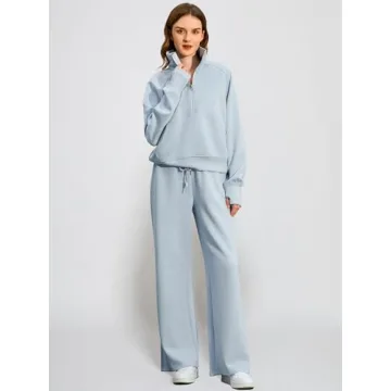 Casly Lamiit Women Two Piece Set 2025 Fall Winter Outfits Oversized Half Zip Sweatshirt Wide Leg Sweatpant Lounge Matching Set Athletic Fashion Travel Clothes Set Sweatsuit Light Blue XL