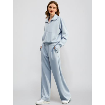 Casly Lamiit Women Two Piece Set 2025 Fall Winter Outfits Oversized Half Zip Sweatshirt Wide Leg Sweatpant Lounge Matching Set Athletic Fashion Travel Clothes Set Sweatsuit Light Blue XL