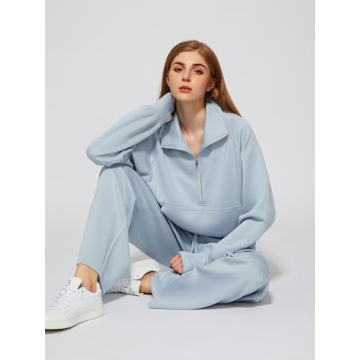 Casly Lamiit Women Two Piece Set 2025 Fall Winter Outfits Oversized Half Zip Sweatshirt Wide Leg Sweatpant Lounge Matching Set Athletic Fashion Travel Clothes Set Sweatsuit Light Blue XL
