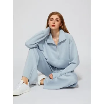 Casly Lamiit Women Two Piece Set 2025 Fall Winter Outfits Oversized Half Zip Sweatshirt Wide Leg Sweatpant Lounge Matching Set Athletic Fashion Travel Clothes Set Sweatsuit Light Blue XL