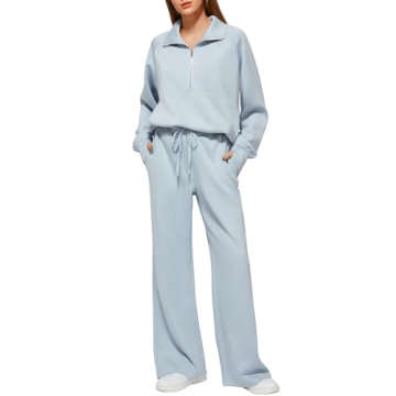 Casly Lamiit Women Two Piece Set 2025 Fall Winter Outfits Oversized Half Zip Sweatshirt Wide Leg Sweatpant Lounge Matching Set Athletic Fashion Travel Clothes Set Sweatsuit Light Blue XL