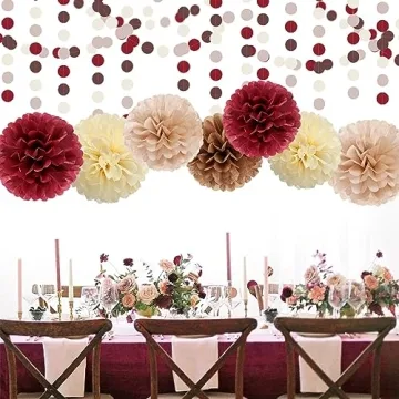 Brown Burgundy Champagne-Gold Party-Decorations - 30pcs Rustic Boho Wedding Tissue Pom-Poms Streamers ,Fall Autumn Tassel Garland Banner,Birthday Baby Bridal Shower Engagement Decor Lasting Surprise