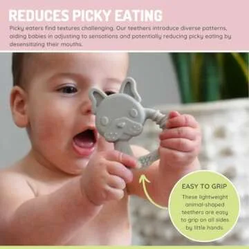 melii Baby Teethers, 100% Food Grade Silicone, Multiple Soft Textures to Soothe Baby's Gums, Teething Toy, BPA Free, Bulldog & Cat