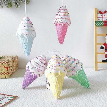 Ice Cream Ornaments Set, 5PCS Ice Cream Christmas Pendant Ornament Set, Easter Donut Hanging Ornaments for Spring Indoor Outdoor Gifts Home Supplies Xmas Tree Birthday Party Decorations