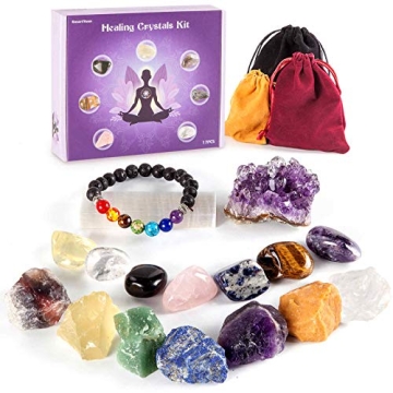 SmartYeen Healing Crystals Set,17PCS Crystal Healing Stones Kit include 7 Raw Chakra Stones,7 Tumble...