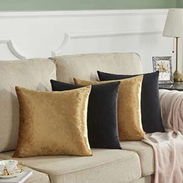 GIGIZAZA Decorative Throw Pillow Covers 18 x 18,Gold Black Soft, Set of 4 Square Velvet Cushion Cove...
