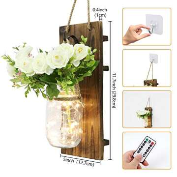 AerWo 2Pcs Mason Jar Sconces Wall Decor, Handmade Rustic wall Sconces with LED Fairy Lights and Flowers, Hanging Mason Jar for Farmhouse Kitchen Decorations Wall Decor