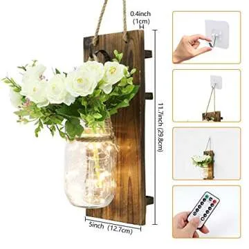 AerWo 2Pcs Mason Jar Sconces Wall Decor, Handmade Rustic wall Sconces with LED Fairy Lights and Flowers, Hanging Mason Jar for Farmhouse Kitchen Decorations Wall Decor
